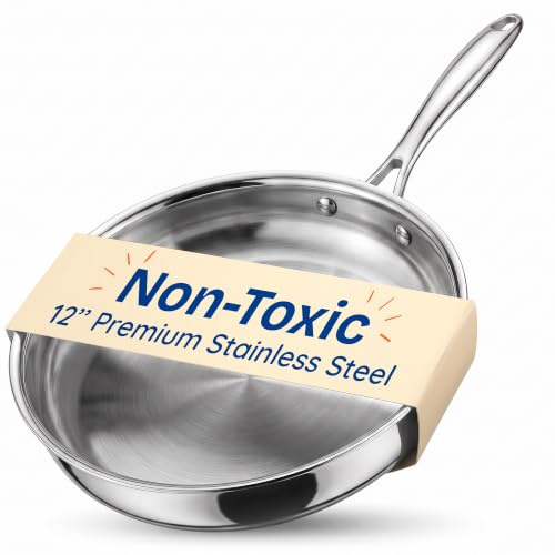 Ziruma Non-Toxic Stainless Steel Frying Pan, PFOA-Free, No Coating, 28cm | PFOA, PTFE & heavy metal-free. Fully clad tri-ply, no cold spots. All-stove compatible. Oven safe to 500°F. Dishwasher safe.
