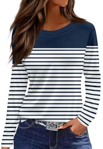 Langarmshirt Damen Gestreift Shirt Rundhals Oversize Ringelshirt | Elegant Leicht Frühjahr Lässige Farbblock Oberteil Baumwolle Herbst Schöne Weit Elegant Oberteile