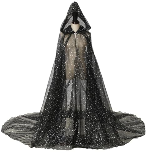 Halloween Umhang Mit Kapuze Vampir-Brautkleid Tüll-Kapuzenmantel Cape Gewand Mantel Glitzer Chiffon Quasten Kapuzenumhang Gothic Umhang Verkleidung Mittelalter Kostüm Erwachsene Faschingskostüme
