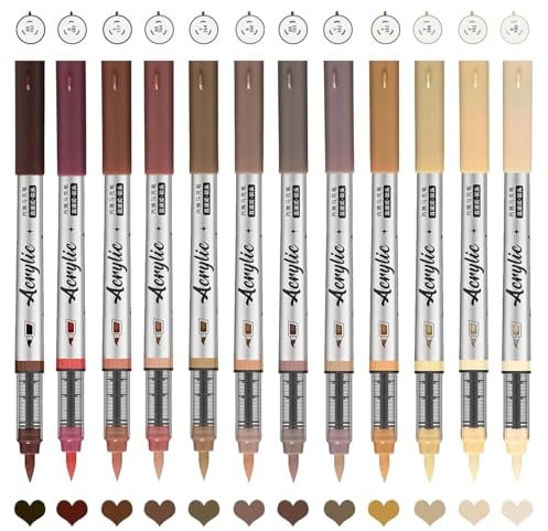 MOTIBACK Acrylstifte – 12 Farbige Acrylmalstifte mit Pinselspitze für Steine, Holz, Glas, Keramik, Leinwand und künstlerische Gestaltung (braun)