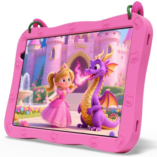 NEWISION Tableta infantil de 10 pulgadas, Android 15 con cordón, almacenamiento de 32 GB, pantalla IPS HD, WiFi, cámara dual, control parental, batería de 6000 mAh, color rosa