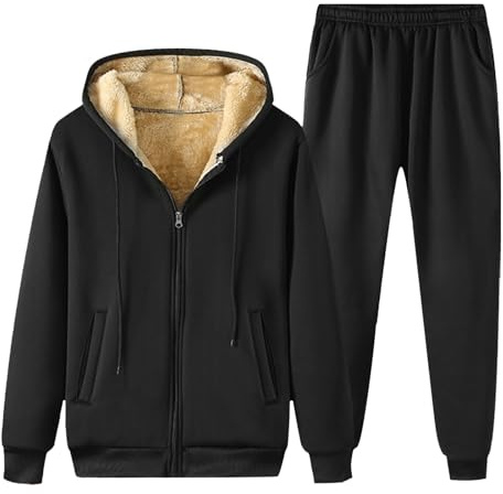 Celanisai Tuta da uomo in pile invernale, da jogging, 2 pezzi, termica, calda, con cappuccio e pantaloni, tinta unita, per il tempo libero, accogliente, morbida, per la casa