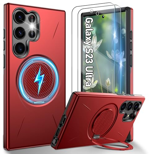 Gritup für Samsung Galaxy S23 Ultra/S22 Ultra Hülle für Magsafe mit 2 Stück HD-Bildschirmschutz, eingebauter Kickstand,Schutz in Militärqualität Dual Layer Stoßdicht, Kamera Guard-Rot