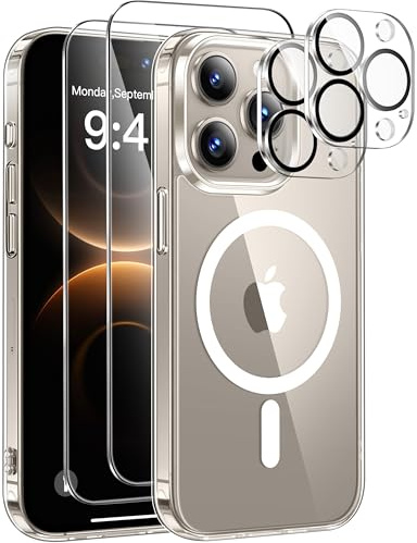 ivencase for iPhone 15 Pro Max Case with 2 Pack Screen Protector and 2 Pack Camera Lens Protector, Compatible with MagSafe, Shockproof Protective Clear Back Phone Case for 15 Pro Max 6.7 -Clear
