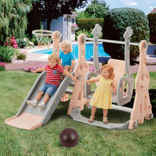 Toboggan pour Enfant 4 en 1, Toboggan pour Bébé avec Panier de Basket, Fauteuil à Bascule, Balançoire, Toboggan Intérieur et Extérieur Enfant Toboggan pour Tout-Petits (A, 140x118x82)