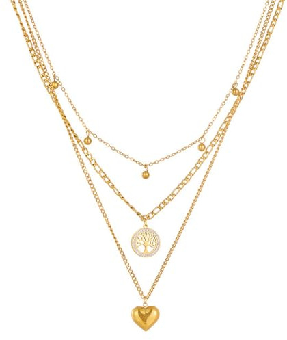 Sanixa Karma NH10695444 Layering Halskette Damen Gold Herz Lebensbaum Titanstahl Damenkette Damenschmuck Layering-Kette Geschenk für Sie Statementkette