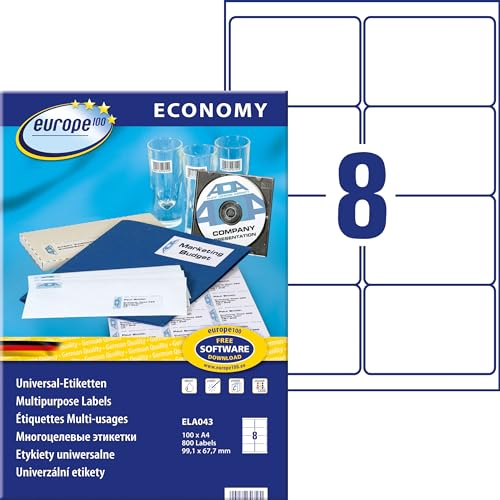 Europe100 Art. ELA043 Universal Etiketten (800 Klebeetiketten, 99,1x67,7mm auf A4, Papier matt, individuell bedruckbare Versandetiketten, selbstklebende Versandaufkleber) 100 Blatt, weiß