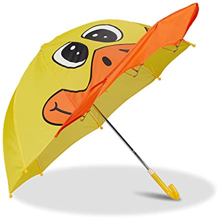 Relaxdays Kinderregenschirm mit 3D Ente, Regenschirm für Mädchen und Jungen, kleiner Stockschirm, gelb