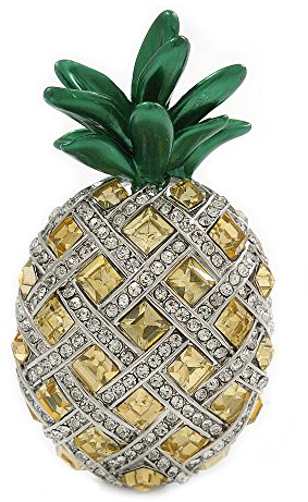 Avalaya Broche en forme d'ananas en émail vert citrine/cristal transparent en métal plaqué rhodium – 50 mm L