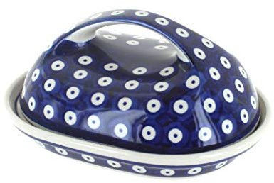 Bunzlauer keramik Original Butterdose für 250 g oval mit grossem Griff, Dekor Blau-Auge