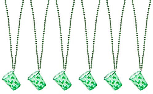Quickdraw 48 x St Patricks Day Shot Glasses – Green Shamrock Shot Glass with Beaded Necklace – Novelty Irish Party Favour for Drinking Games & Celebrations
