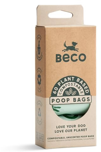 Beco Super Strong & Large Poop Bags | Home Compostable & Unscented Dog Poo Bags | 60 Refill Rolls [4 x 15] | Dispenser Compatible