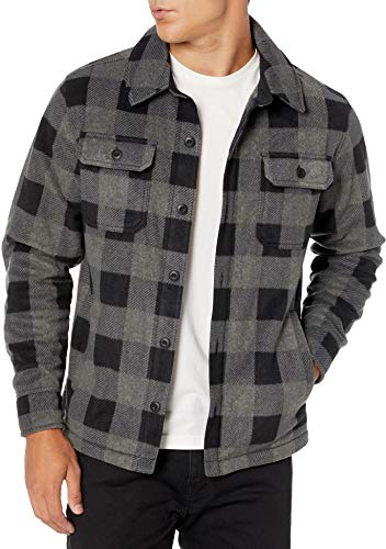 Amazon Essentials Herren Langärmlige Polarfleece-Hemdjacke Für Den Winter, Schwarz Dunkelgrau Buffalokaros, XS