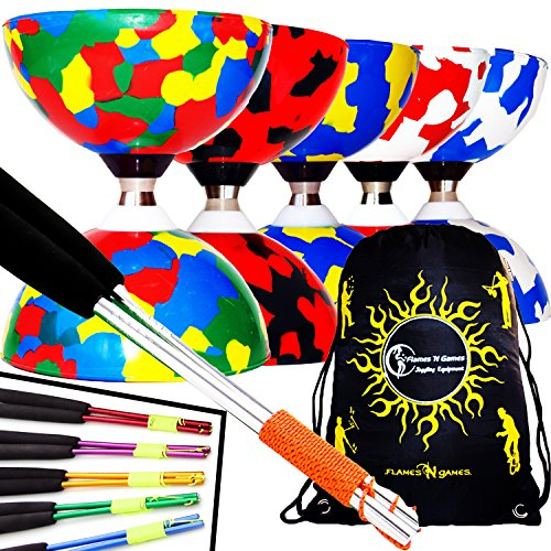 Juggle Dream Jester Kugellager Pro Diabolo Set + Passende Metall Ali Diabolo Diabolostäbe, Diablo Schnur + Diabolos Reisetasche - Gelb/Blau Diabolo + Silber Diabolostäbe
