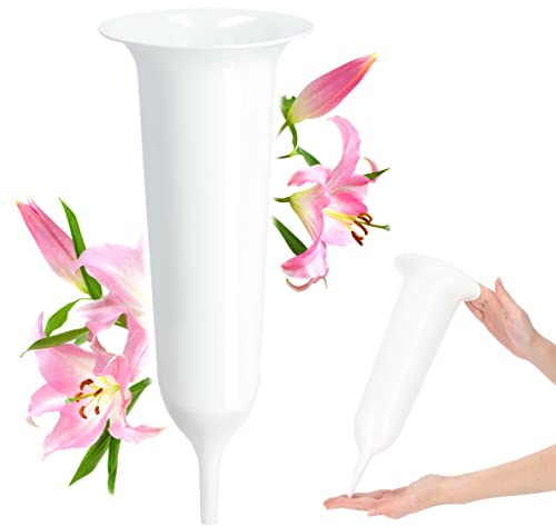 KADAX Vaso per Tomba in Plastica Resistente Alle Intemperie e al Gelo - per Fiori e Cimitero (12 cm, Con Picchetto, Bianco)