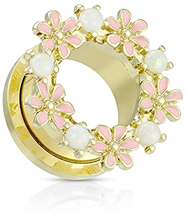 Treuheld® Goldener Flesh Tunnel mit Blumen und Perlen | 6 Größen 12 mm