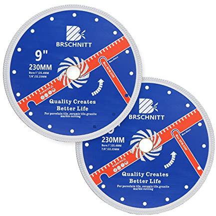 Super Thin Diamond Porcelain Saw Blade with X Teeth,BRSCHNITT 2pcs 230mm x Arbor 25.4mm-22.23mm Angle Grinder Diamond Cutting Disc for Dry/Wet Cutting Porcelain Tile Ceramic Marble Granite