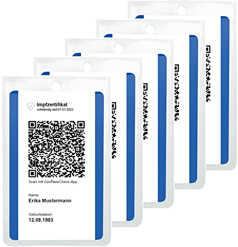 5X Impfkartenhülle - Schutzhülle für neuen Impfnachweis, Digitale Impfbescheinigung im Kartenformat (54 x 85 mm) - Platz für Personalausweis - mit Stanzung für Band - Made IN Germany