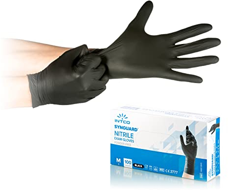 INTCO SYNGUARD Schwarze Nitril-Handschuhe – Puderfrei – Einweg – Beidhändig tragbar – Unsteril – Gummibasis – Geeignet für medizinische Bereiche, Lebensmittelhandhabung – Packung mit 100 Stk (100, S)