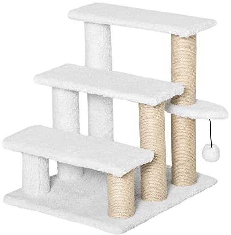 PawHut Katzentreppe 3-stufige Haustiertreppe mit Kratzsäulen Ball Hundetreppe Tiertreppe für Katzen bis 5 kg Plüsch Jute Weiß 45 x 40 x 48 cm