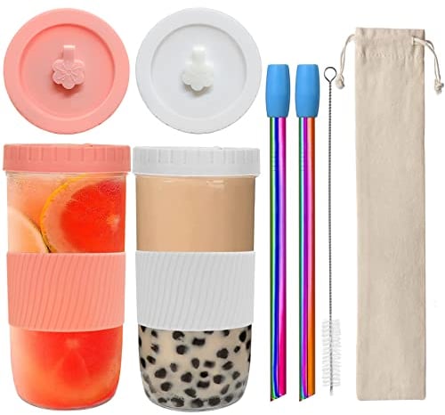 Bubble Tea Becher mit Strohhalmen 2 Stück,Smoothie Becher,Wiederverwendbare Mason Jar Glas für Getränke,Für Kaffee, Milchshakes, Säfte, Smoothies, Bier, Getränke(Rosa, weiß)