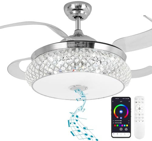 BAYSQUIRREL Retractable Bluetooth Ceiling Fan with Speaker, 85 Kinds of Color Light Bluetooth Ceiling Fan with Light,6 Speed Reversible Modern Invisible Ceiling Fan,Remote and APP Control