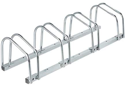 Relaxdays Fahrradständer Boden, für 4 Fahrräder, bis 60 mm Reifenbreite, Metall, Garage, Fahrrad-Aufstellständer, Silber