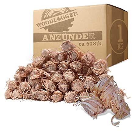 Woodlogger Holzwolle 1kg mit Langer Brenndauer | Anzünder für Kamin, Grill, Ofen und Kachelofen | Geruchsneutrale Anzündwolle aus Holz in Wachs getränkt | Ohne chemische Zusätze