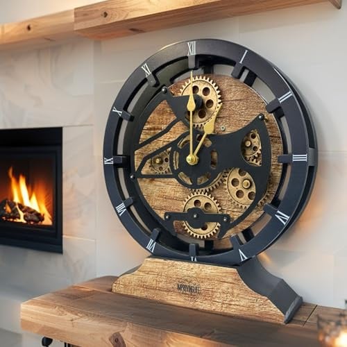 ImprovingLife The Gears Clock Schreibtischuhr, 25,4 cm, mit echten beweglichen Zahnrädern, umwandelbar in Wanduhr (Vintagebraun)