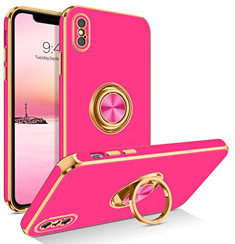 BENTOBEN iPhone Xs Case, Phone Case iPhone X, Slim Fit Sparkly Kickstand Ring Holder Design Shockproof Protection Soft TPU Bumper Drop Protective Girls Women Boys iPhone 10 5.8 Cover, Deep Red/Gold
