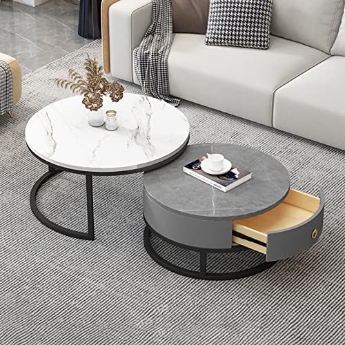 Runder Couchtisch 2er-Set, Beistelltisch-Set mit Schubladen, Sofatisch mit Schiefer-Marmor-Textur, Metallrahmen, moderner Teetisch für Schlafzimmer, Wohnzimmer, Möbel, Dekoration, multip