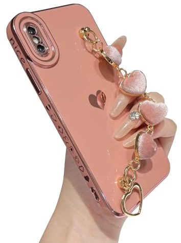 Caseative Cute Plating Love Heart Wrist Strap Chain Bracelet Soft Compatible with iPhone Case for Women Girls
