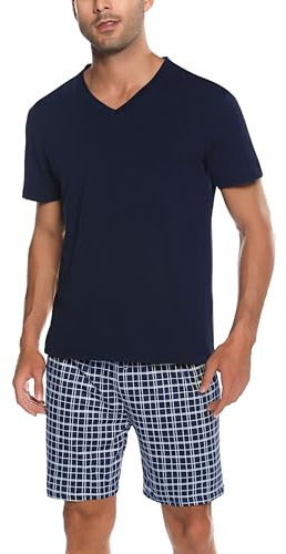 Bresdk Schlafanzug Herren Pyjama Set Kurz Baumwolle Sommer Nachtwäsche Hellblau XXL