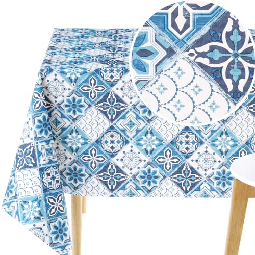 KP HOME Wachstuchtischdecke Kacheloptik Fliesen Muster Wasserdicht Wachstuch Rechteckige 200x140 Portugiesisch Blau und Weiß Wachstischdecke Vinyl PVC Tischdecke Abwischbare Kunststoff Pflegeleich