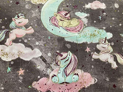 Keine Meterware, Stoffe zum Nähen für Kinder, 100% Baumwolle: 0,5m Baumwollstoff Zuschnitt mit Einhorn Wolken und Sterne auf grau - Mädchen Tiere Kinderstoff
