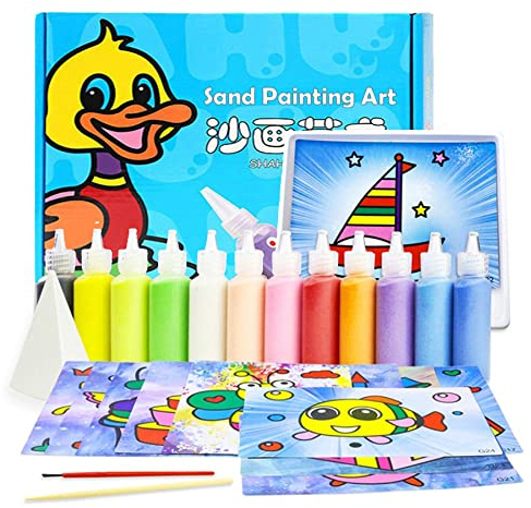 KAYSENSUK 24 Packungen Sandkunst-Bastelset Sandmalerei-Bilderkunstpapier mit 12 Flaschen Funkelnden Farbigen Sands und Designwerkzeugen Zeichenblock für Kinder zum Selbermachen von Design-Kritzeln