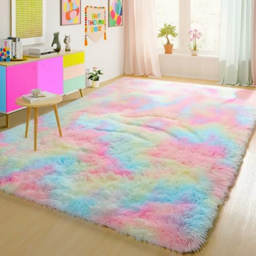 Aspire Homeware Rugs Living Room - Rainbow Area Rugs (200x290cm) for Bedroom Anti Slip - Modern Super Soft Thick Pile Fluffy Shaggy Rug Non Shedding