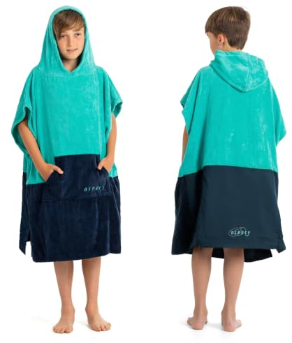 Osprey Kinder-Poncho-Handtuch mit Kapuze, Strand-Wickelmantel für Jungen und Mädchen im Alter von 6–12 Jahren, Surfen, Schwimmen, Paddelboarding, Poncho mit wasserdichtem Sitzschutz und verstaubarem
