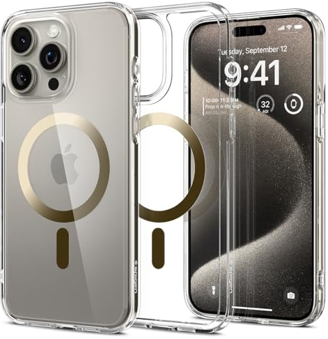 Spigen für iPhone 15 Pro Max Ultra Hybrid MagFit Hülle [Anti-Yellowing] Case Handyhülle Transparent Dünn Slim Kompatibel mit MagSafe -Gold