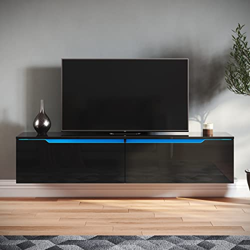 SONNI Lowboard Schwarz, TV Board Hochglanz, TV-Schrank, Fernsehtisch, TV-Regal mit LED Beleuchtung, 12 Farben, Klapptür, Griffloses Design, Zwei Montagemöglichkeiten, 140x35x30cm, GTV009B