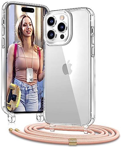 Vaykwo Handykette mit Band für Apple iPhone 14 Pro Hülle - Necklace Handyhülle - Transparente Case zum Umhängen mit Kameraschutz und Bildschirmschutz - Rosa