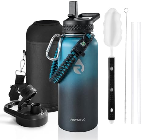 RAYMYLO Insulated Water Bottle 32 oz, Triple Wall Vacuum Stainless Steel (Cold for 48 Hrs, Hot for 24Hrs), Leak Proof & Non-BPA, 32oz Hydro Water Flask with Paracord Handle & Straw Spout Lids