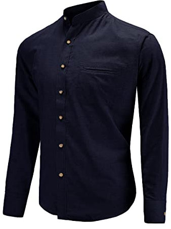 Dioufond Mens Grandad Collar Shirts Long Sleeve Banded Shirts for Men Navy Mao Collar L