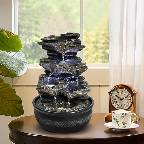 xpiyaer 15.7” High Rock Falls Tabletop Water Fountain with LED Lights - Indoor 5-Tier Cascading Fountain for Home and Office Decor (Gray_3, 15.7 high)
