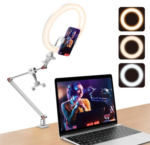 10 '' Ring Light pour Le Bureau avec Support et Support de téléphone, Tripod Ring Light, lumière de conférence vidéo avec Bracelet de Bureau réglable pour Youtube, Tiktok (Blanc)
