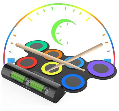 Tappetino per batteria elettronica, strumento musicale digitale arrotolabile per bambini principianti, 7 tappetini per esercizi per batteria con altoparlanti stereo integrati e batteria al litio