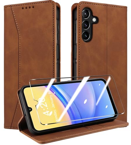 QHOHQ Handyhülle für Samsung Galaxy A15 4G/5G Hülle mit Panzer Folie, Premium Leder Schutzhülle, [RFID Sperrung Schutz], Magnet Klappbar Flip Case Tasche, Multifunktional, Stoßfest (Traum)-Braun