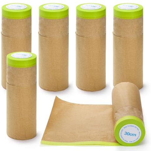 Jucoan 6 Rolls Masking Paper, Pre-Taped Masking Paper for Painting, 30CM x 9M/12'' x 30ft Tape and Drape Automotive Paint Masking Paper for Car Wall Frame Floor Furniture Protection
