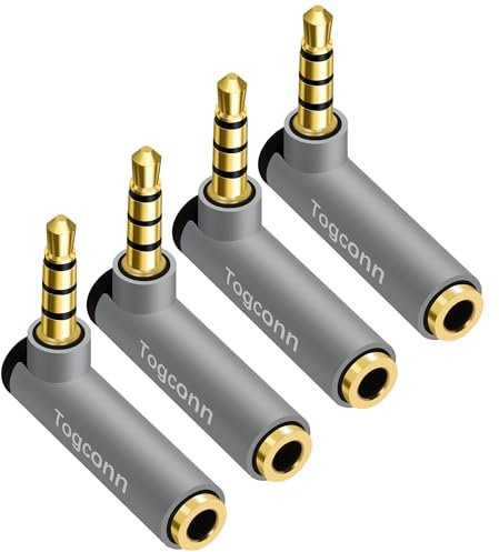 3.5mm Right Angle Plug TRS Adapter 4-Pack, 90 Degree 3.5mm 1/8 TRRS Male to Female Stereo Jack Plug AUX Gold-Plated Connector, Compatible with Headset/Tablets/MP3 Players/Speakers