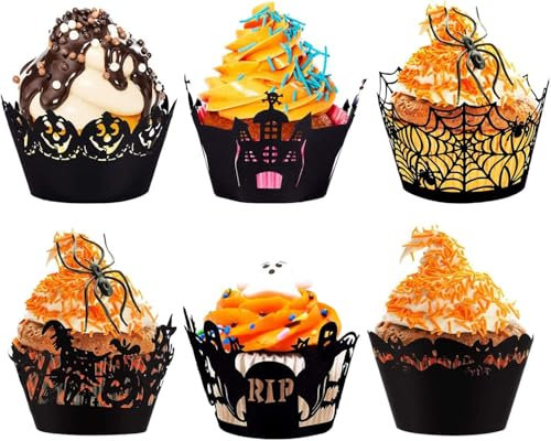 Halloween Cupcake Deko,Halloween Cupcake Wrappers Schwarz,Halloween Cupcake Formen Papier 24 Pcs,Halloween Kuchen Deko,Kürbis Ghost Spinnennetz Hexen Burg Kuchen Deko,Halloween Party,6 Stile